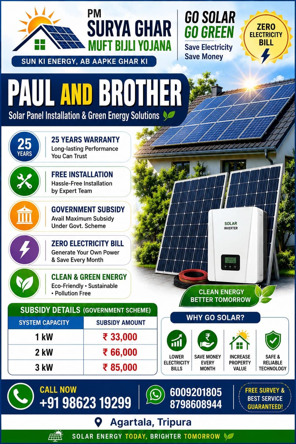 PM Surya Ghar solar panel installation promotional flyer for Agartala, Tripura